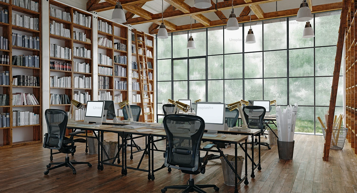 Biblioteca moderna con tecnología LED, espacio ideal para proyectos de diseño sostenible y ambientes funcionales