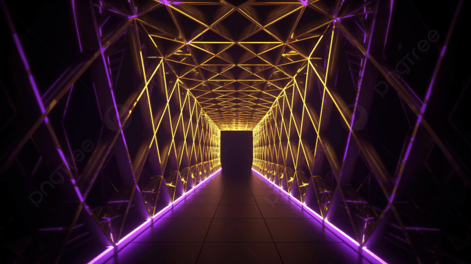 Puente geométrico, barras pixel LED púrpura y ámbar, iluminación envolvente, ideal para intervenciones urbanas nocturnas