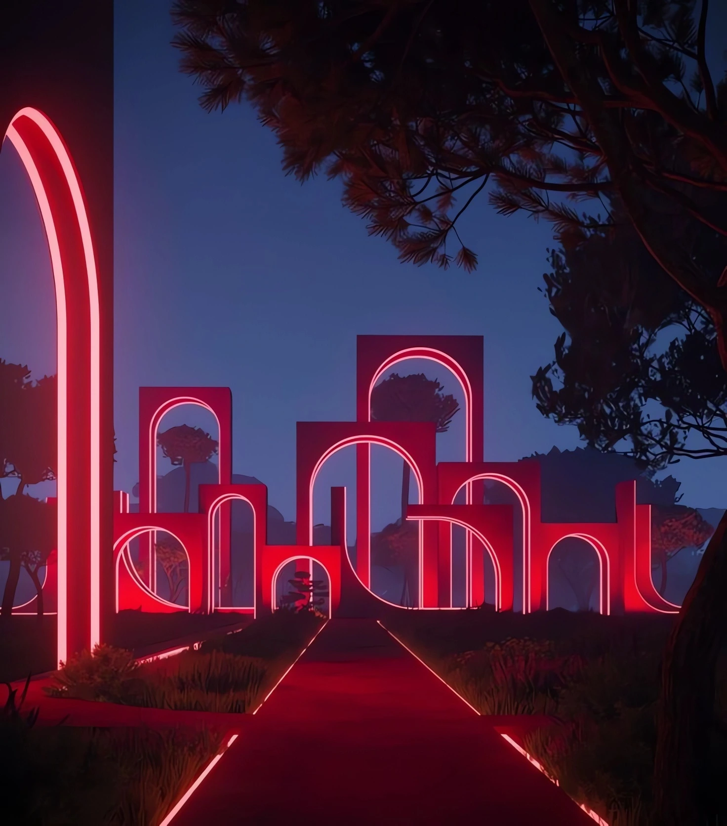 Instalación arquitectónica curva, iluminación LED roja, estructura exterior futurista, ideal para eventos nocturnos y espacios públicos envolventes.